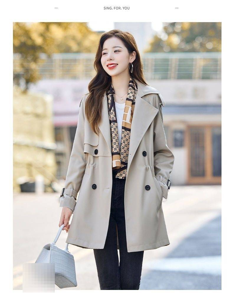 Women's Slim Fit Trench Coat With Belt - Elegant Double-Breasted Polyester Blend Jacket For Petite (Beige, Black, Army Khaki, With Free Scarf)_voghion.com