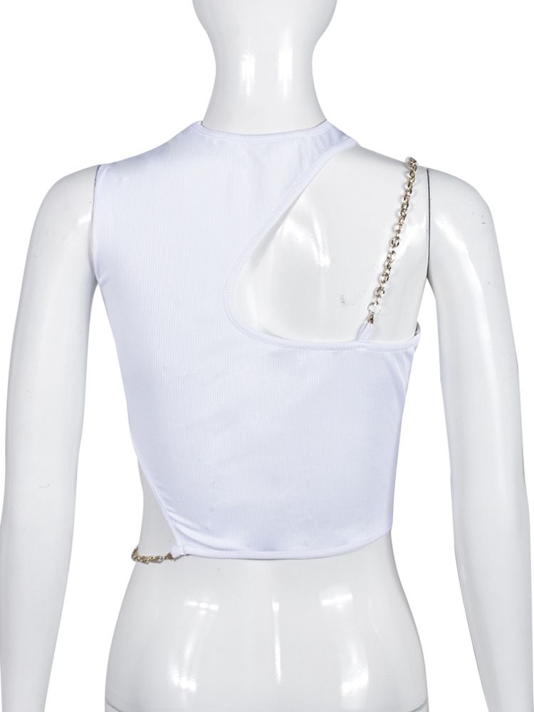 2023 Women's New Solid Color Sexy Hollow Metal Chain One Shoulder Open Navel Top 9243TD_voghion.com