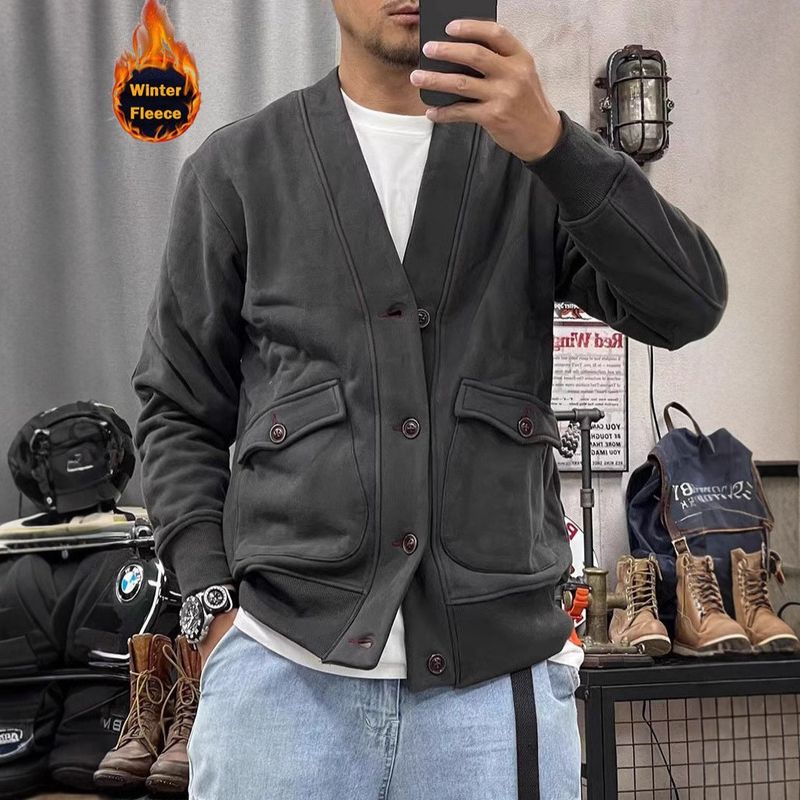 ActiveGo ActiveGo Commercio Estero Autunno Inverno Nuovo Pile Ispessito Europeo e Americano Giacca con Scollo a V da Uomo Cardigan Retrò alla Moda_voghion.com