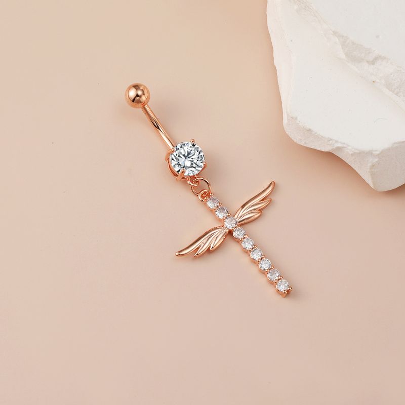 Piercing per ombelico a forma di croce e ali d'angelo - Gioiello per il corpo in stile punk con zirconi cubici, acciaio chirurgico 316L (14G/16G)_voghion.com
