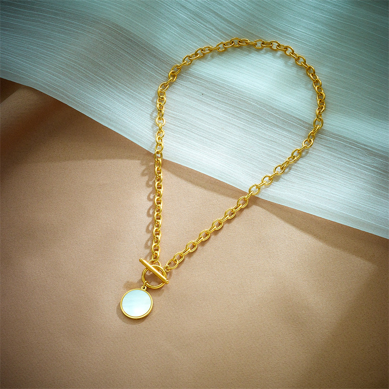 European and American cross-border fashion simple niche retro round card OT buckle titanium steel chain necklace_voghion.com