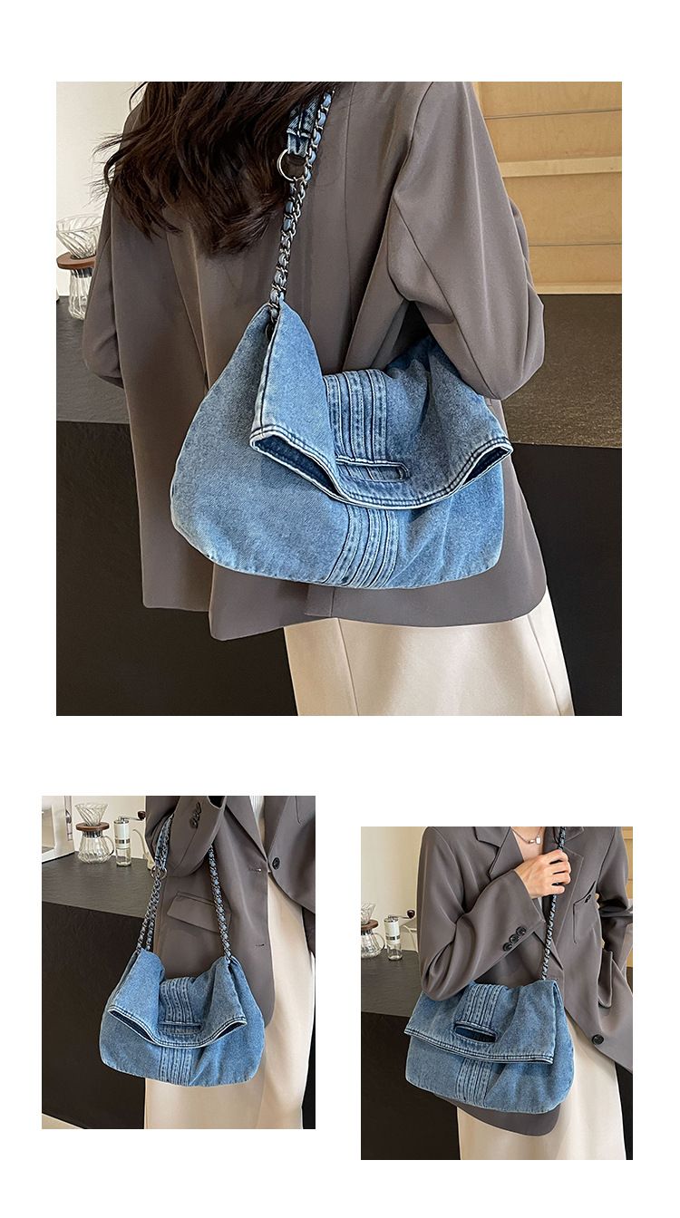 Borsa a tracolla singola con tracolla a catena in denim, nuova e capiente, da donna, stile pendolare, cross-border_voghion.com