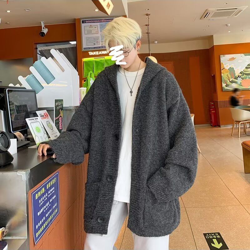 Dunkelgraue Strickjacke für Männer, Mantel im amerikanischen Stil für Frühling und Herbst, Lazy Style, lockerer, lässiger, einfacher Strickpullover_voghion.com