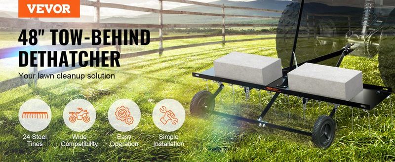 VEVOR Tow Behind Dethatcher, 48-inch Tow Dethatcher With 24 Spring Steel Tines, Lawn Dethatcher Rake For ATV Or Mower, Tow Behind Lawn Rake With Lift Handle For Garden Farm Grass_voghion.com