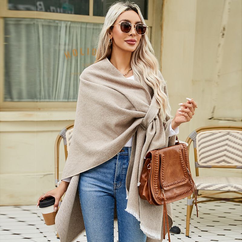 TIANXI Châle élégant pour femme, doux, ouvert sur le devant, poncho, cape pour automne et hiver, couleur unie, écharpe à pompons, châles, cape Bufanda XB0006_voghion.com