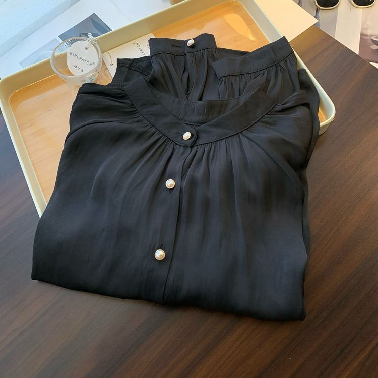 Acetate satin shirt female design niche long sleeve temperament stand collar French retro lantern sleeve professional top spring_voghion.com