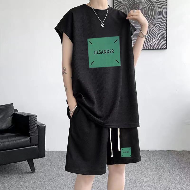 Summer new plus size men's sports suit Waffle trendy sleeveless vest t-shirt versatile casual two-piece set 12_voghion.com