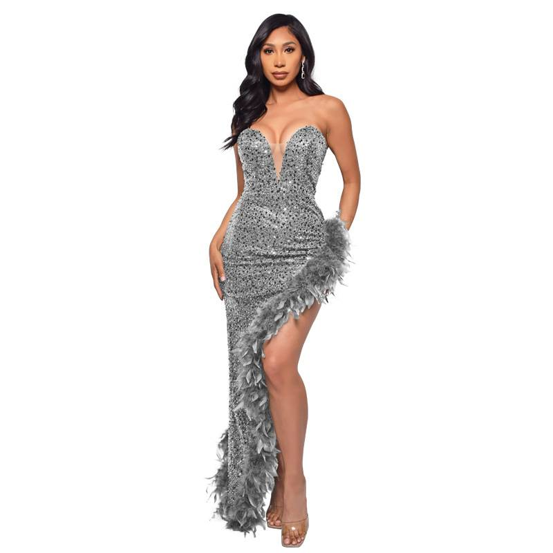 Dameskleding Elegante baljurk met pailletten, kant, mesh-decoratie, hoge split, feestavondjurk_voghion.com