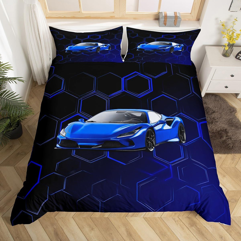 Juego de funda nórdica de coche de carreras azul, tamaño cuna para niños, niños y adolescentes, juego de cama geométrico con diseño de panal, funda de edredón hexagonal con diseño de coche deportivo de velocidad._voghion.com