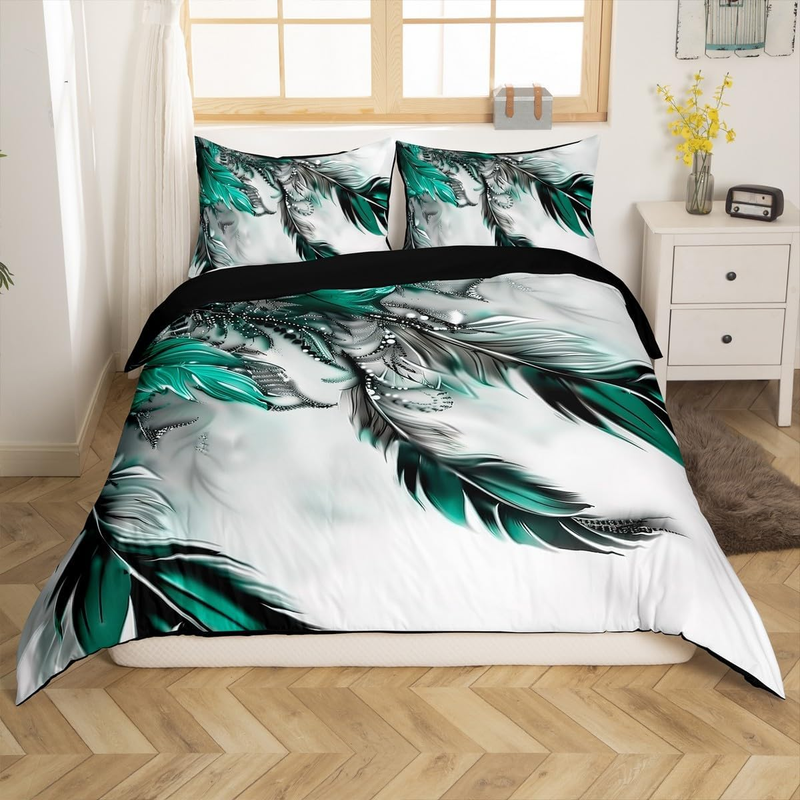 Copripiumino con piume acquerellate, copripiumino con piume di pavone per lettino per bambini, set di biancheria da letto vintage, set di letto verde-grigio per camera da letto_voghion.com