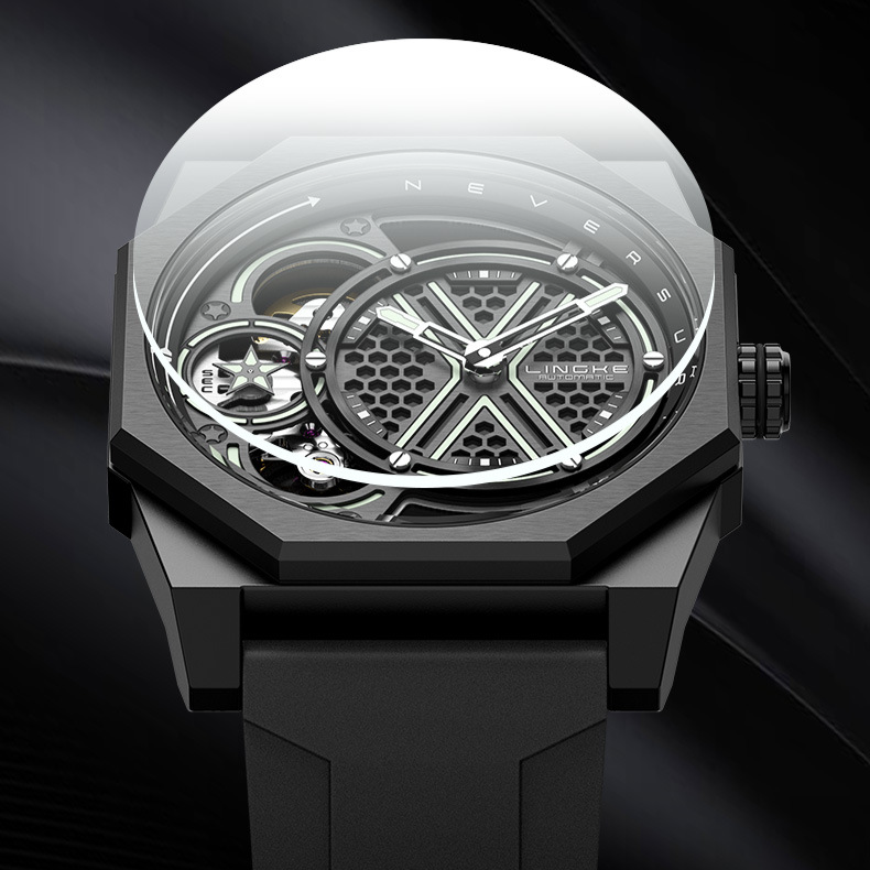 Men's Skeleton Dual Movement Watch With Barrel-Shaped Dial, Silicone Strap, Fashionable Mechanical Quartz Hybrid Timepiece For Casual & Sporty Look_voghion.com