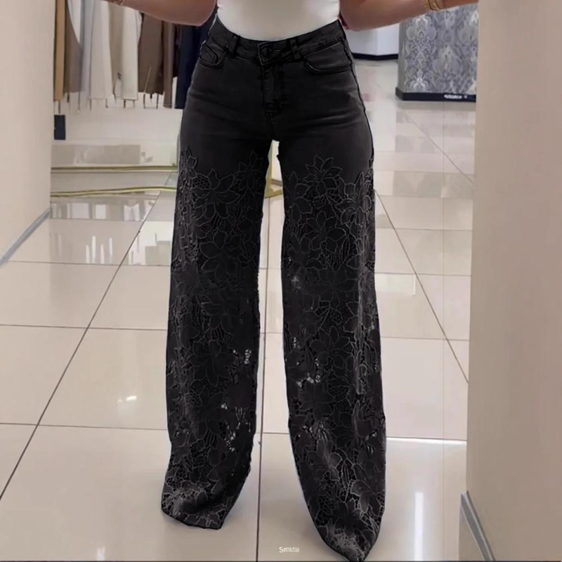 Lässige Jeans mit hohem Bund und weitem Bein und Nilpferd-Print für Damen – Trendige Jeanshose mit lockerer Passform und Cartoon-Design für den Sommer_voghion.com