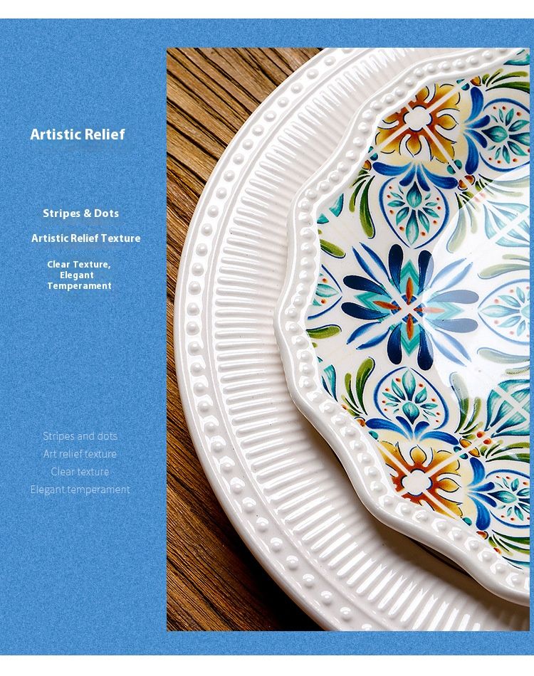 Set di piatti da portata in ceramica boema - Design floreale mediterraneo dipinto a mano, adatti al microonde, piatti rotondi anti-scheggiatura per hotel e ristoranti a casa_voghion.com