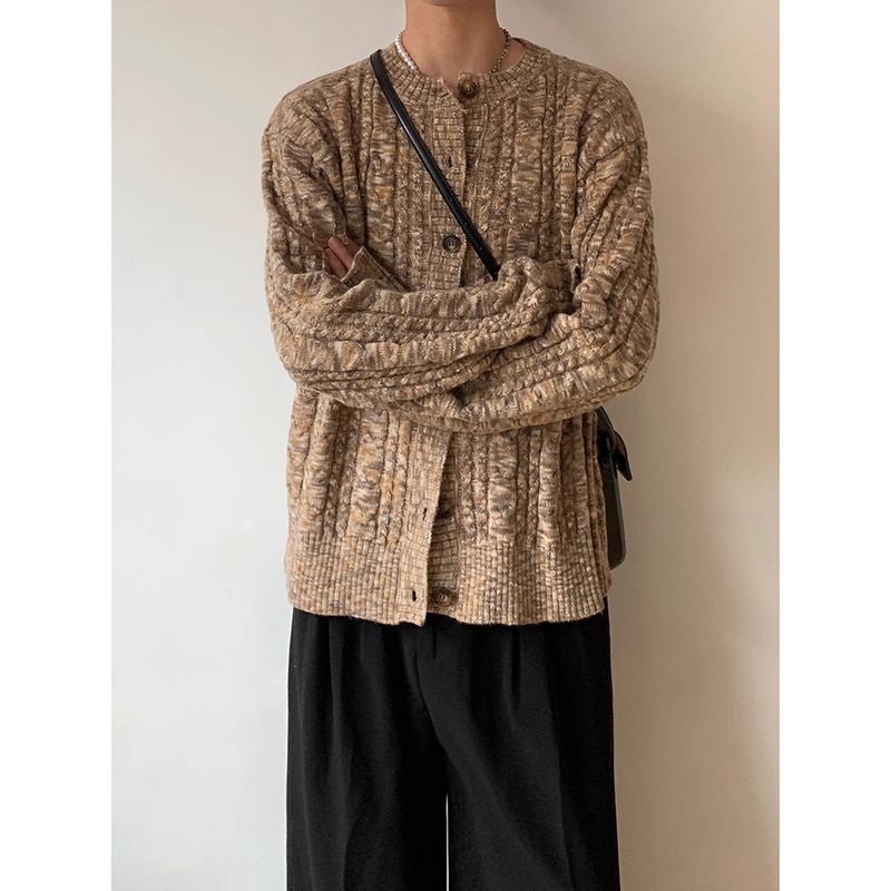 Oversized Knit Cardigan – Vintage Cable Stitch, Unisex Relaxed Fit (Walnut Brown, M-3XL)_voghion.com