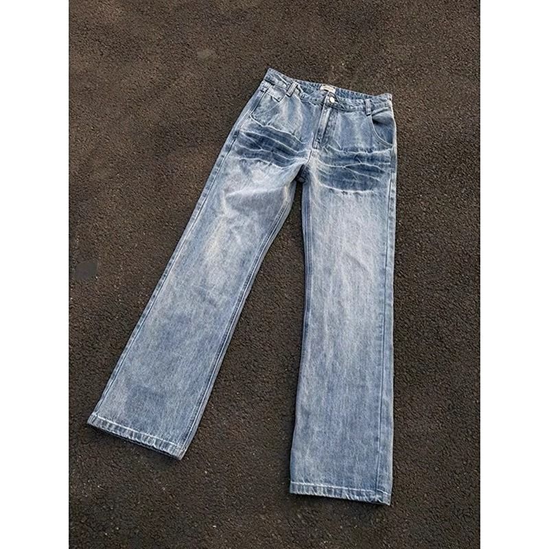 Light Blue Lightning Wash Jeans – Men’s Cleanfit Vintage Bootcut Denim (Curved Hem, Streetwear Style)_voghion.com