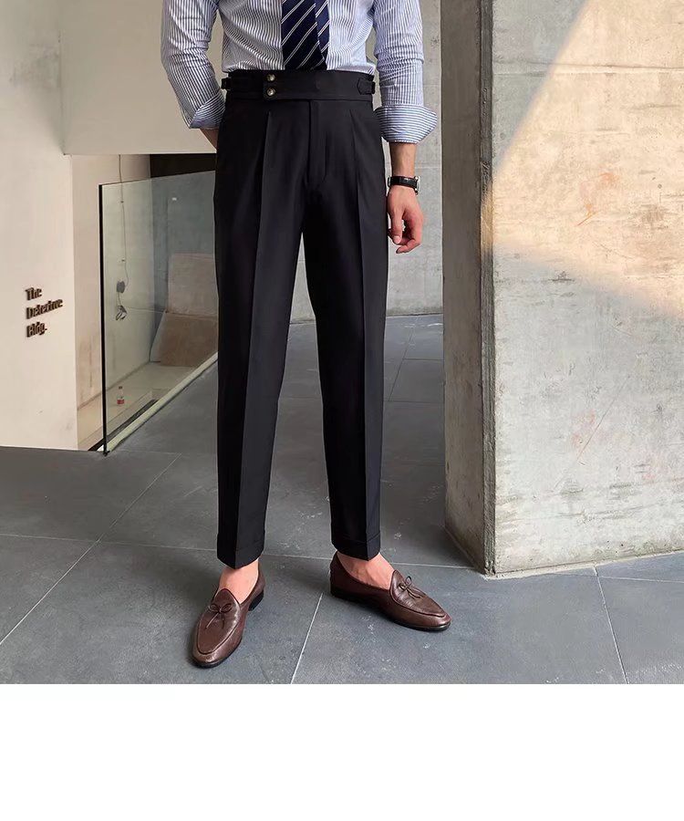 Herrenbekleidung Einfarbige Neun-Punkt-Hose mit hoher Taille Temperament Lässige Business-Hose mit italienischen Pariser Knöpfen Herrentrend_voghion.com