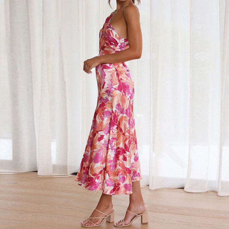 Women's Clothing Commuting Simple Fashion Temperament Oblique Collar Sling Fishtail Print Dress_voghion.com