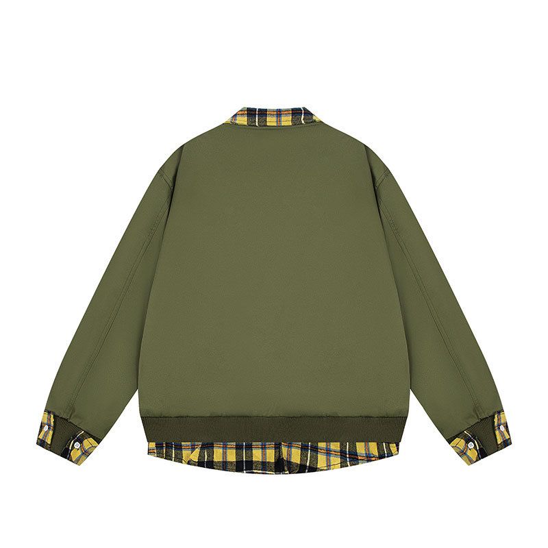 National Trend Brand Heavy Craft Design Layered Two-Piece Color-Block Plaid Zipper Oversize Cardigan Jacket_voghion.com