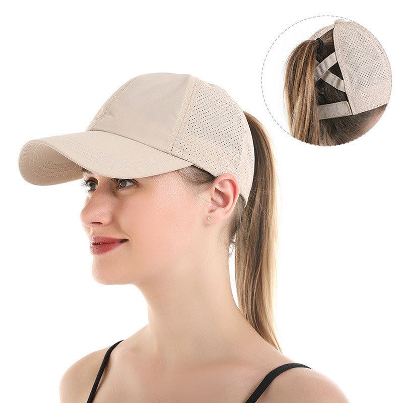 Summer Solid Color Baseball Cap Women's Athleisure Cross Ponytail Hat Mesh Quick-Drying Cap Visor Hat_voghion.com