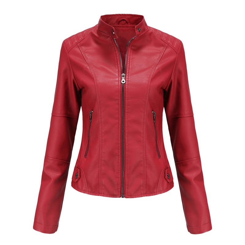 Kadın İnce Ceket Ceket Kadın Biker Ceket Büyük Beden Ayakta Yaka Deri Ceket_voghion.com