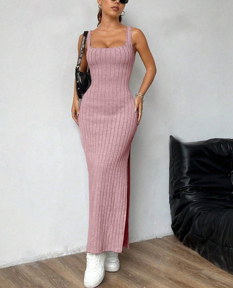 Gonna lunga con bretelle da donna, alla moda, senza maniche, aderente, in maglia, a righe verticali_voghion.com