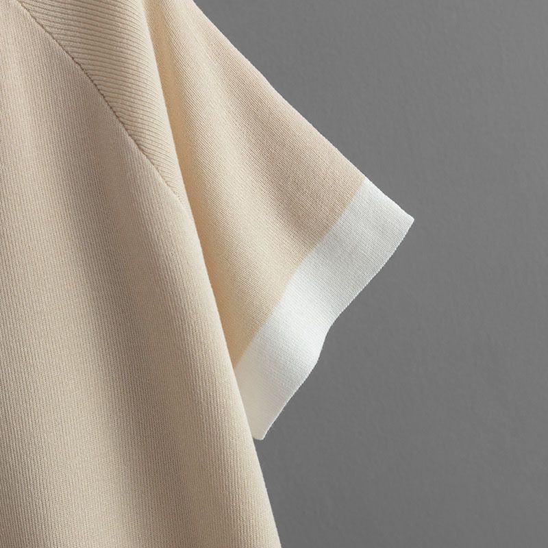 Dameskleding Eenvoudige mode V-hals trui met korte mouwen Hoge taille Afslankende draperie Broek Contrasterende kleur gebreide tweedelig set_voghion.com
