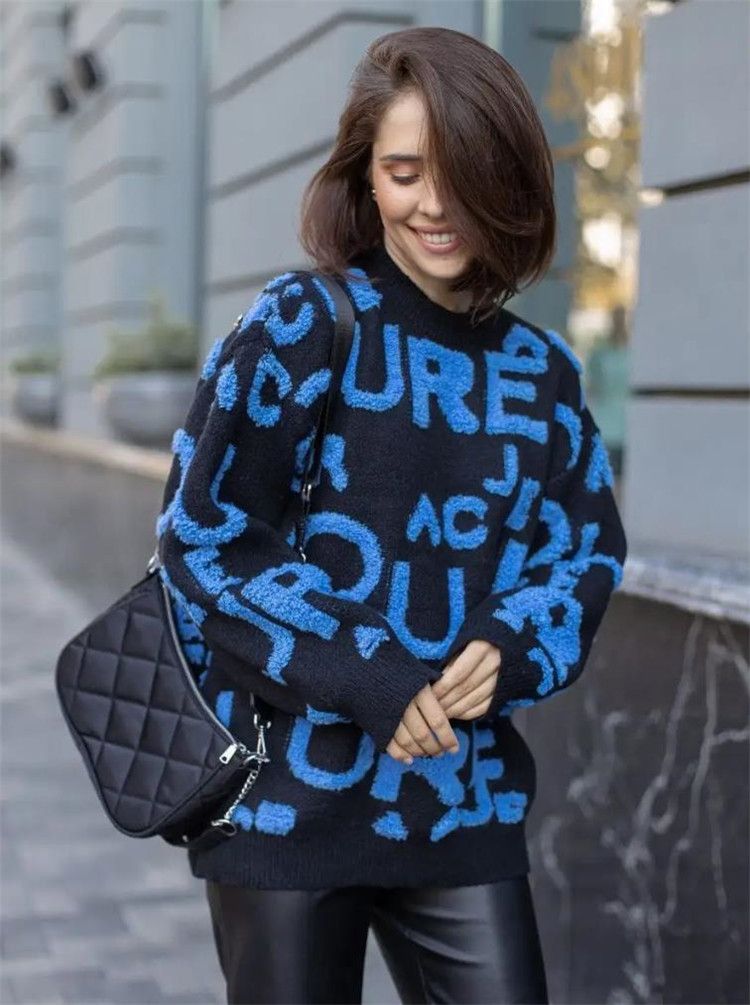 Vêtements pour femmes nouvelle automne et hiver col rond pull tricoté à manches longues veste pour femme pull chaud épais lettre décontracté_voghion.com