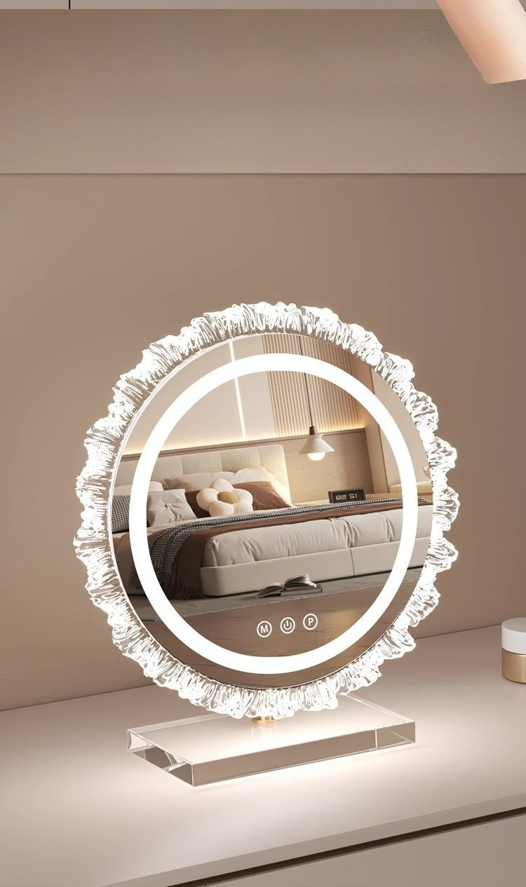 【 Collezione 2721 People 】 Specchio da toeletta da tavolo per camera da letto con base in acrilico a forma di girasole, luminoso a LED_voghion.com