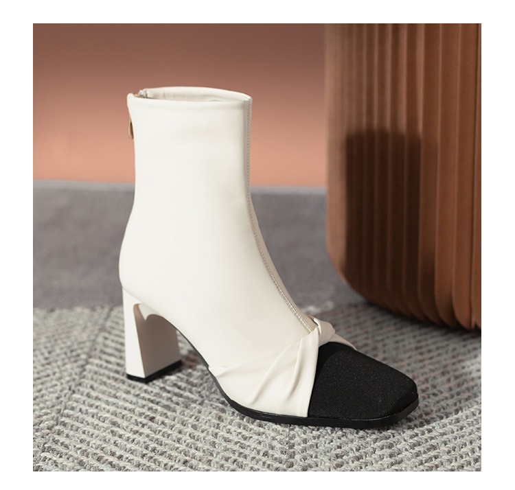 Autumn and winter wrinkled French short boots women's retro matching color square mid-leg high heel boots thick heel skinny boots_voghion.com