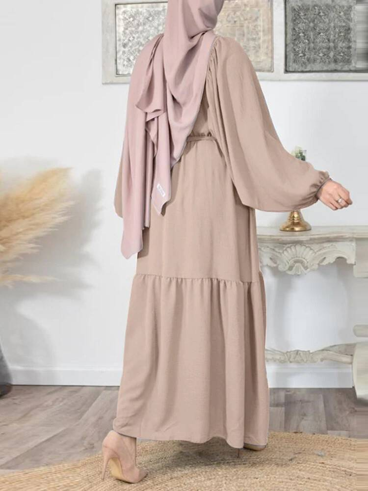 Elegante vestido camisero musulmán para mujer, de gran tamaño, con mangas abullonadas, caftán islámico informal, moda azul turquesa, vestido de moda con hiyab._voghion.com