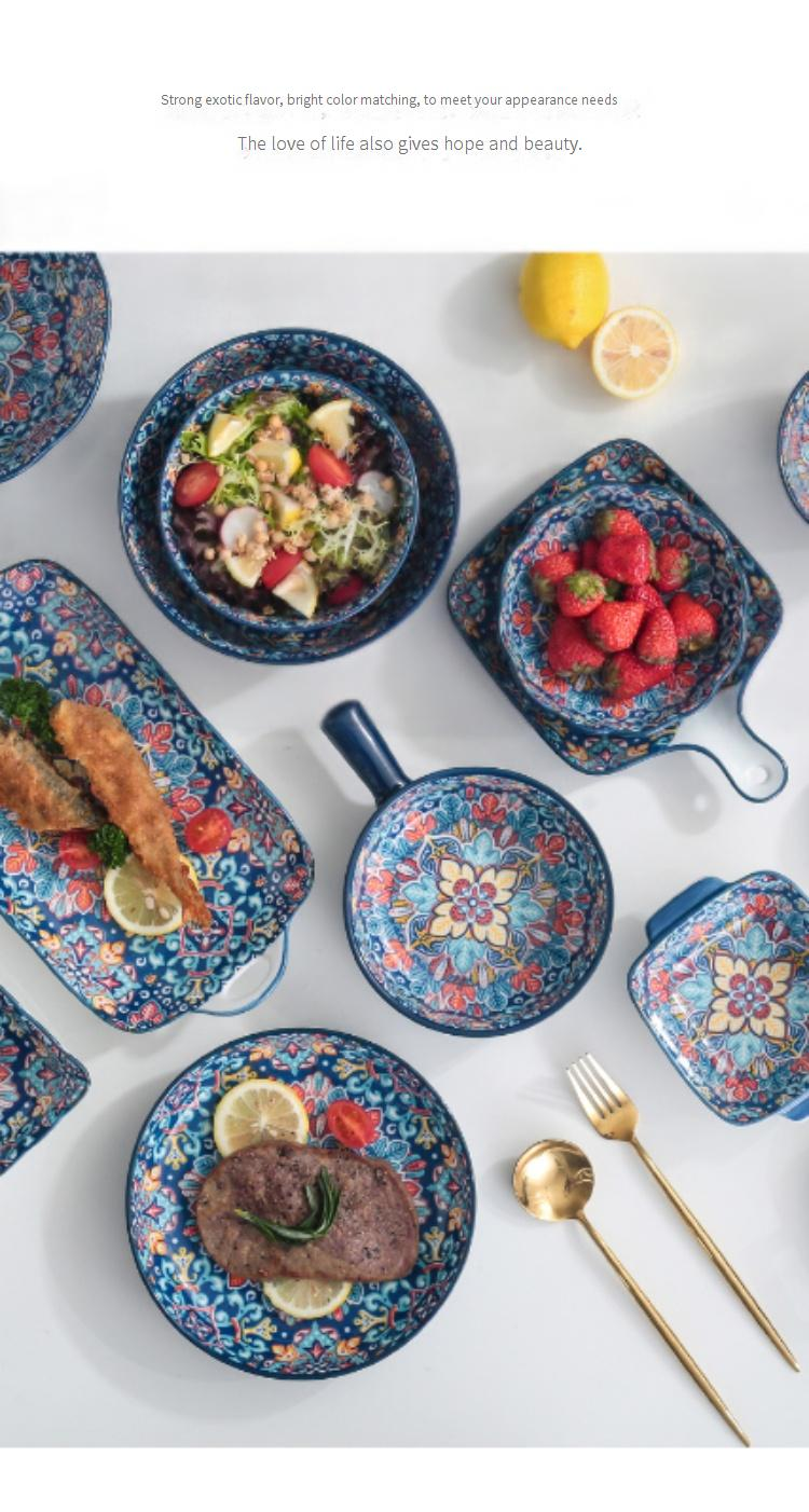 Baroque Style Ceramic Dinnerware Set - 16-Piece Handled Bowls & Plates For Rice & Soup_voghion.com