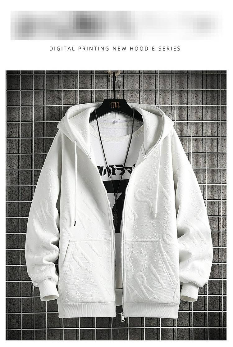 Frühling und Herbst neue Strickjacke Pullover Kapuzenjacke Reißverschluss Herren trendige Ins Top Jacke weiß_voghion.com