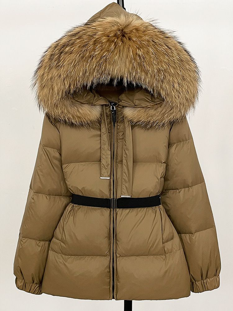 Piumino da donna con cappuccio in pelliccia di procione di alta qualità - Parka invernale lungo con bordo in pelliccia staccabile e laccio in vita, imbottitura in piumino d'anatra bianca al 90%_voghion.com