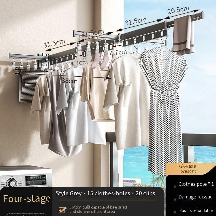 An der Wand montierter, faltbarer Wäscheständer mit winddichten Löchern und Aufbewahrungsstangen, platzsparender Wäsche-Organizer für den Balkon,_voghion.com