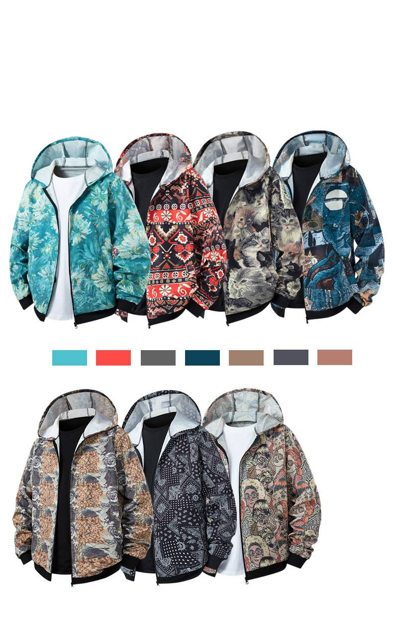 Giacca con cappuccio versatile con stampa retrò e revers in jacquard da uomo - Tessuto elasticizzato in quattro direzioni, vestibilità ampia, abbigliamento casual da strada per primavera e autunno_voghion.com