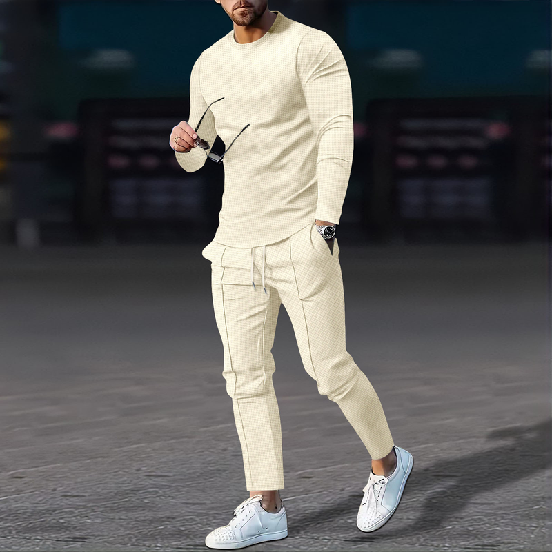 2024 Autumn New Men's Solid Color Waffle Round Neck Long sleeved Pants Set_voghion.com