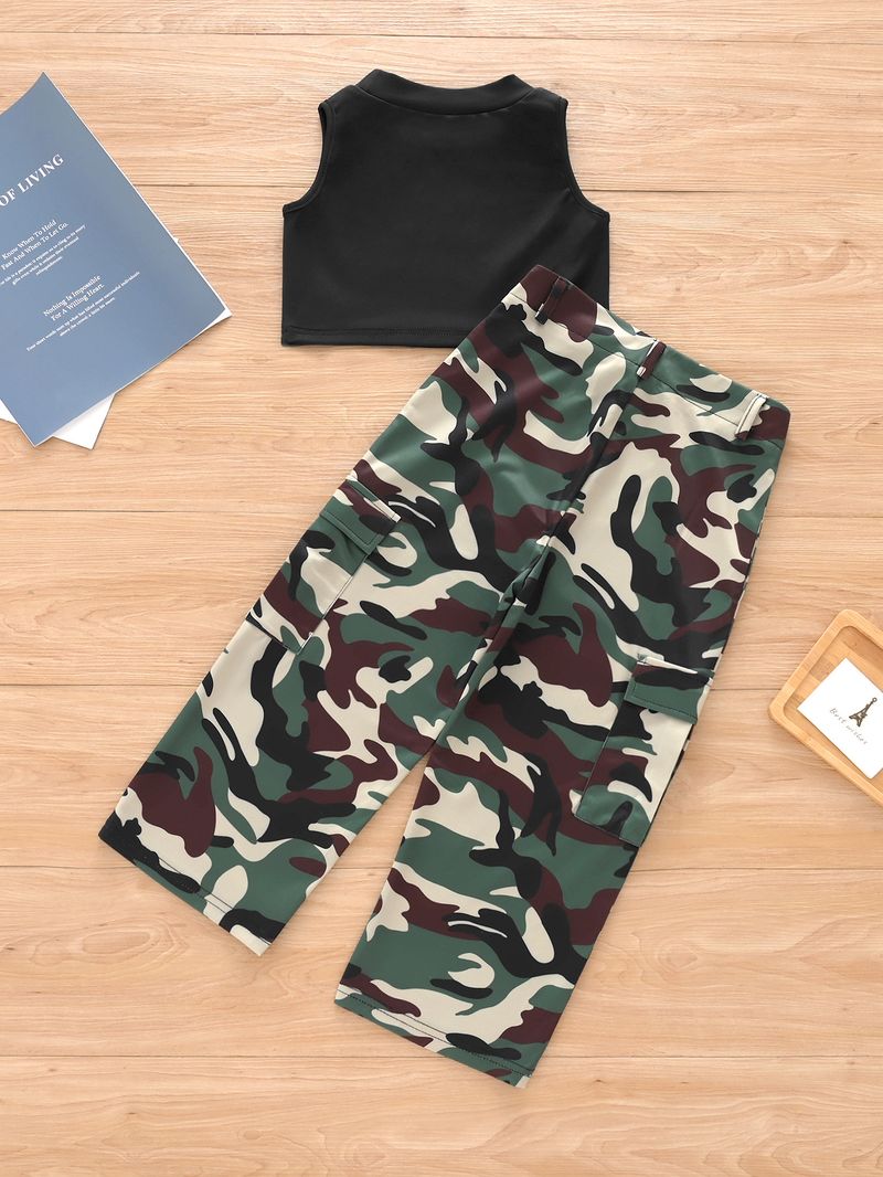 Kleinkind Mädchen Kleidung Mode Anzug Trendy Weste Camouflage Hip Hop Overalls Zwei Stück Set_voghion.com