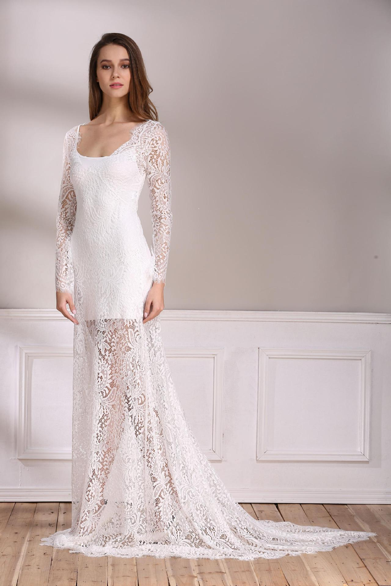 Abito da sera elegante in pizzo con scollo a V e maniche lunghe da donna, con scollatura profonda sulla schiena, lungo fino a terra, romantico e chic per una serata fuori_voghion.com