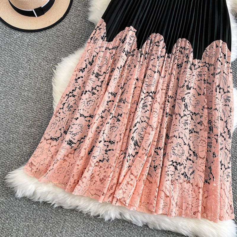 Damenbekleidung Eleganter Midirock mit Spitzenbesatz für Damen, hoch taillierter, ausgestellter Prinzessinnenrock mit plissiertem Saum, atmungsaktive Polyestermischung_voghion.com