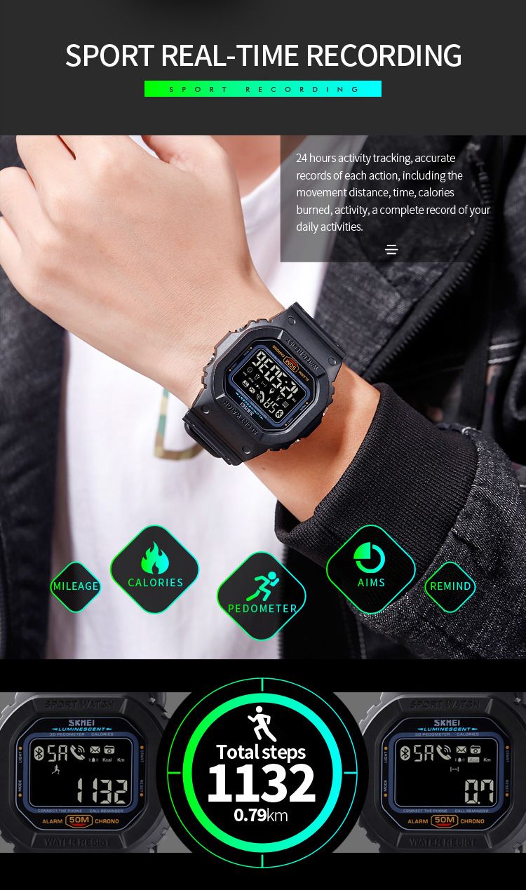 SKMEI 1629 Sport Digital Watch For Men Military Pedometer Calorie Tracker Mens Bluetooth Phone Wristwatch Clock Smartwatch Reloj_voghion.com