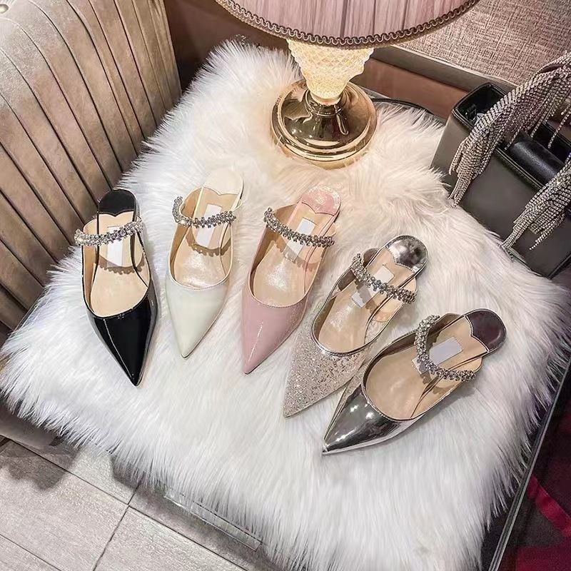 2023Jc Pointed One Line With Shallow Mouthed Baotou Semi Trailer Flat Shoes, Women's Patent Leather Inlaid Diamond Chain_voghion.com