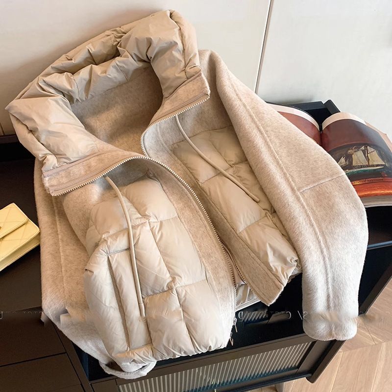 Entworfene Woll-Patchwork-Kapuzen-Baumwolljacke mit Kordelzug für Damen, Herbst/Winter, eleganter und warmer, kurz gepolsterter Mantel_voghion.com