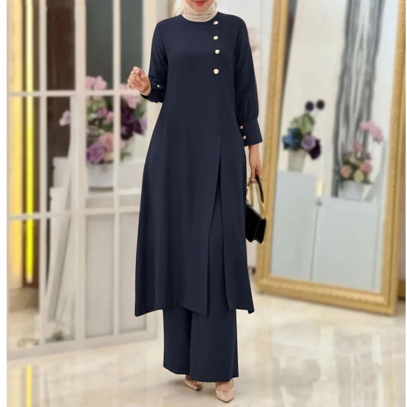 Abito da donna a due pezzi, alla moda ed elegante, tinta unita, con spacchi laterali, camicia lunga, pantaloni a gamba larga e vestaglia._voghion.com