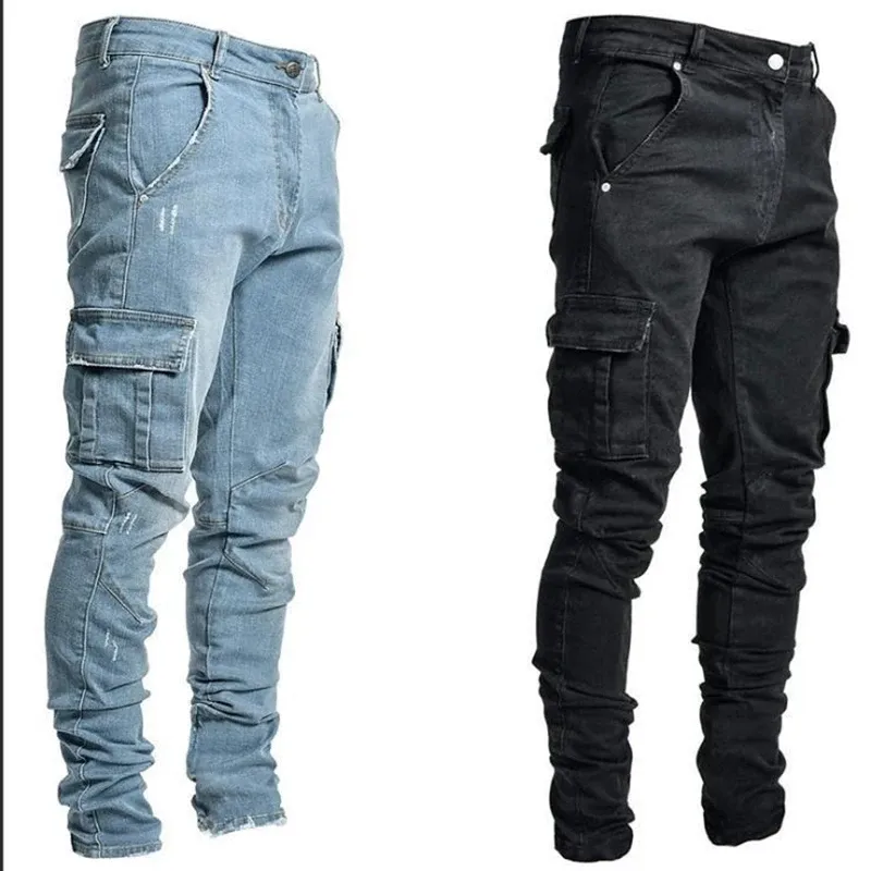 2025 Herren Street Elastic Jeans Jeans Wash Einfarbige Cargohose mit mehreren Taschen Lässige Slim Fit Joggerhose für den Alltag mit mittlerer Taille_voghion.com
