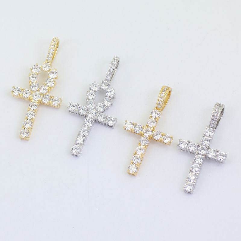 Collana da uomo con ciondolo a forma di croce egizia Ankh con micro pavé di zirconi e catena cubana da 4 mm in stile hip-hop_voghion.com