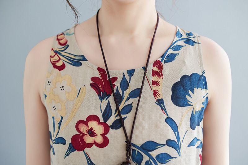 2023 Zomer Nieuwe Plus Size Dameskleding Koreaanse Versie Artistieke Losse En Afslankende Bedrukte Katoenen Linnen Mouwloos_voghion.com