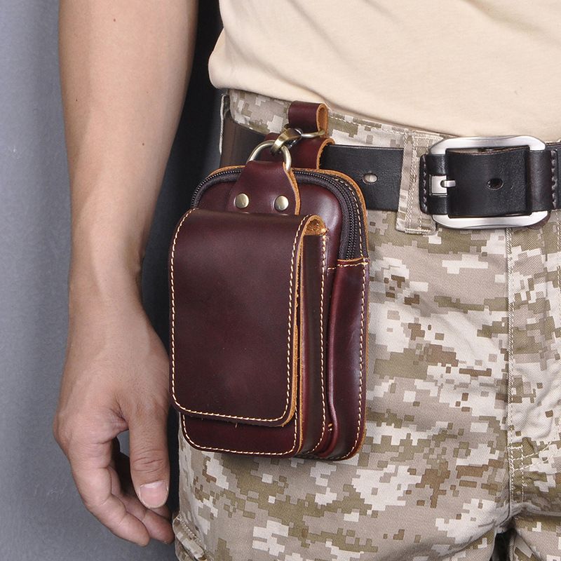 Head layer Crazy Horse Leather Cowhide Men's Trendy Cool Phone Camera Outdoor 6-inch Small Waist Bag with Hook 1609_voghion.com