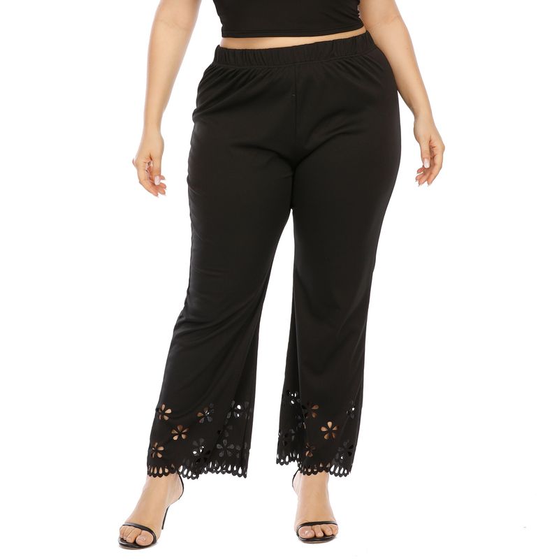plus size women's hollowed-out burnt flower micro flared straight pants elastic waist casual pants_voghion.com