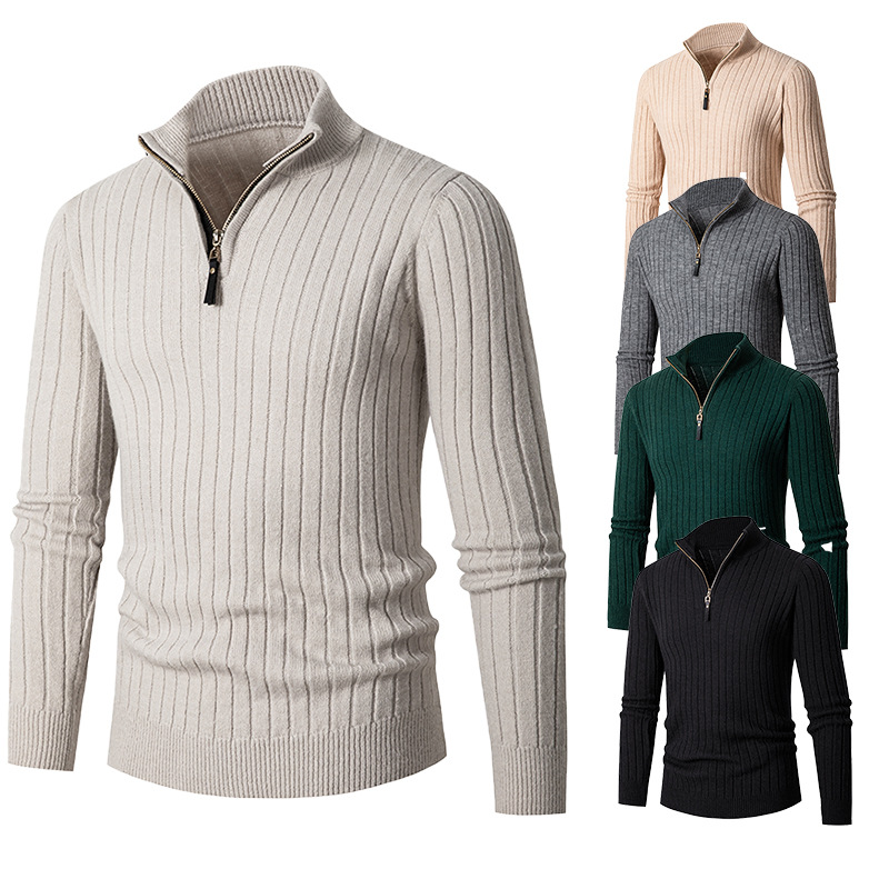Maglione da uomo europeo e americano in maglia a maniche lunghe con cerniera sul fondo e collo alto, a strisce verticali_voghion.com