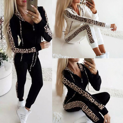 Costume deux pièces à manches longues pour femmes, imprimé léopard, sweat à capuche, fermeture éclair, pantalon, à la mode_voghion.com